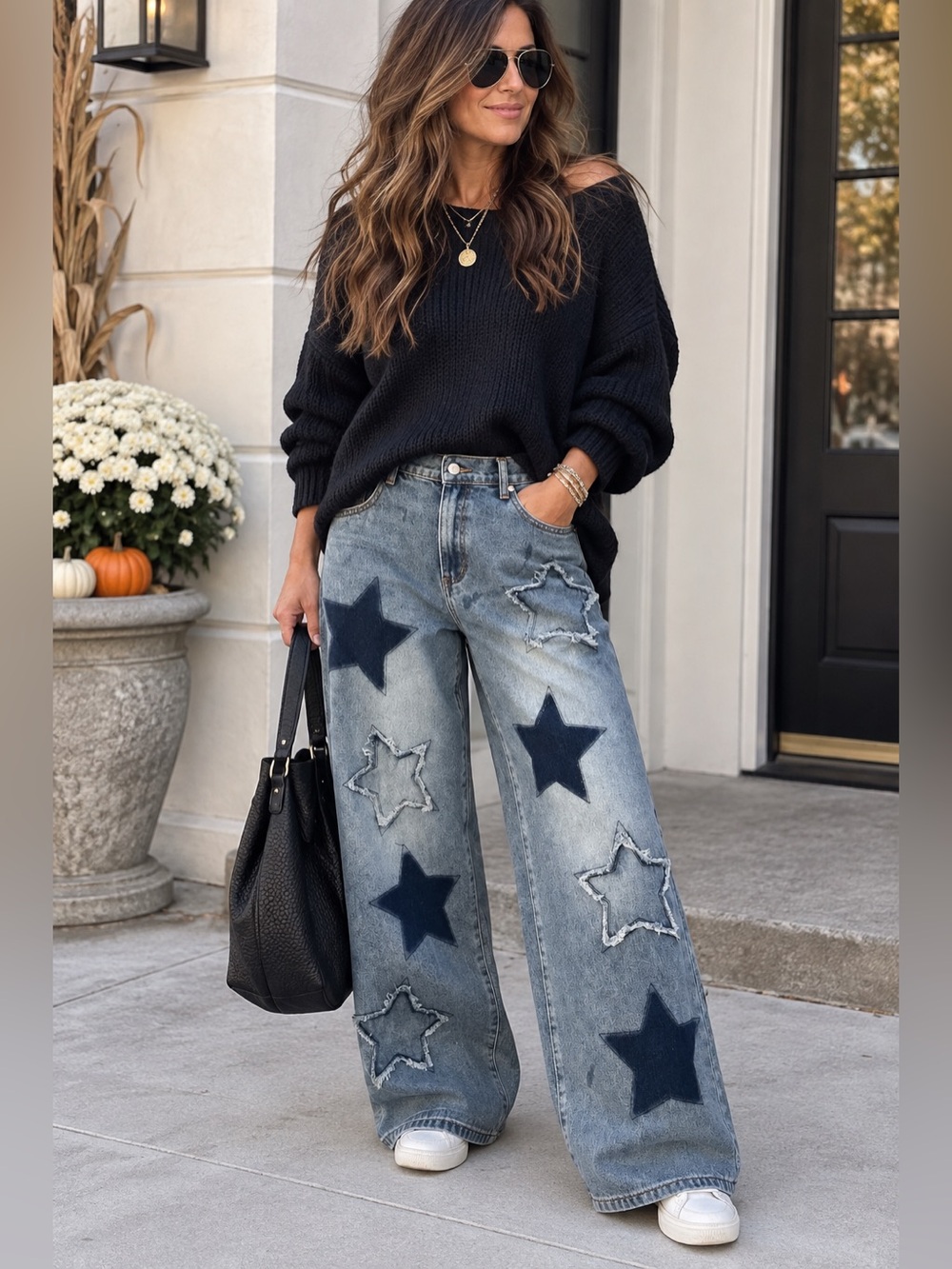 Star Patch Wide Leg Baggy Jeans Light Wash Statement Denim XL/XXL